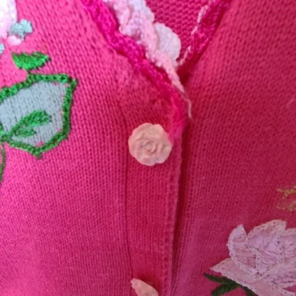 Storybook Knits Pink Cardigan Sweater Roses L - Picture 8 of 14